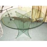 DINING TABLE, circular glass top on a glass base, 120cm W x 77cm H (slight scratches).