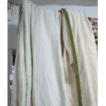 CURTAINS, two pairs, lined and interlined with green braid trim,