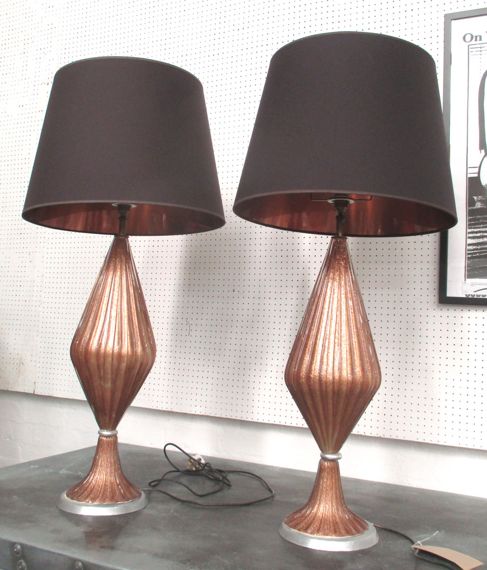 OPALINE TABLE LAMPS, a pair, 1950's style with gold opaline glass body and charcoal shades, 106cm H.