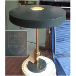 SIDE LAMP, mid 20th century green metal shade on a brass support, 40cm W x 50cm H.