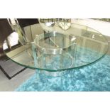 DINING TABLE, circular glass top on a metal base, 155cm W x 75cm H (slight scratches).