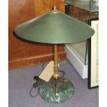 TABLE LAMP, the green metal shade on a brass tapering column and marble base, 40cm W x 54cm H.