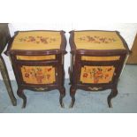 BEDSIDE CABINETS, a pair, each with a drawer over a cupboard and gilt mounts,