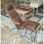 LOUNGE CHAIR, in leather and canvas, on a metal frame, plus matching footstool, 73cm W.