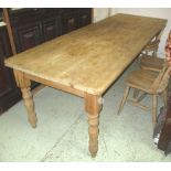 FARMHOUSE TABLE, pine, with rectangular top on turned detachable supports, 87cm D x 244cm L.