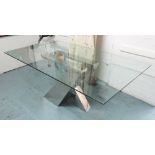 DINING TABLE, the glass top on a polished metal base by Megaron, 110cm D x 200cm L.