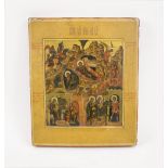 RUSSIAN ICON, painted scenes from the life of Christ, on wooden panel, 31cm x 26cm.