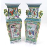 CHINESE CERAMIC VASES, a pair, of shaped rectangular form, decorated figurative panels in colours,