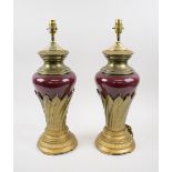 TABLE LAMPS, a pair, faux 'Sang de Boeuf' finish, with gilt metal mounts, each 45cm H.