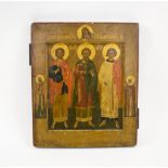 RUSSIAN ICON, depicting three saintly figures, painted on wooden panel, 32cm H x 27cm W.