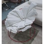 FLOWER PETAL DESIGN CHAIR, Contemporary with red metal frame and large flower petal seat cushions,