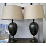 TABLE LAMPS, a pair, urn shaped in pewter with shades, 85cm H.