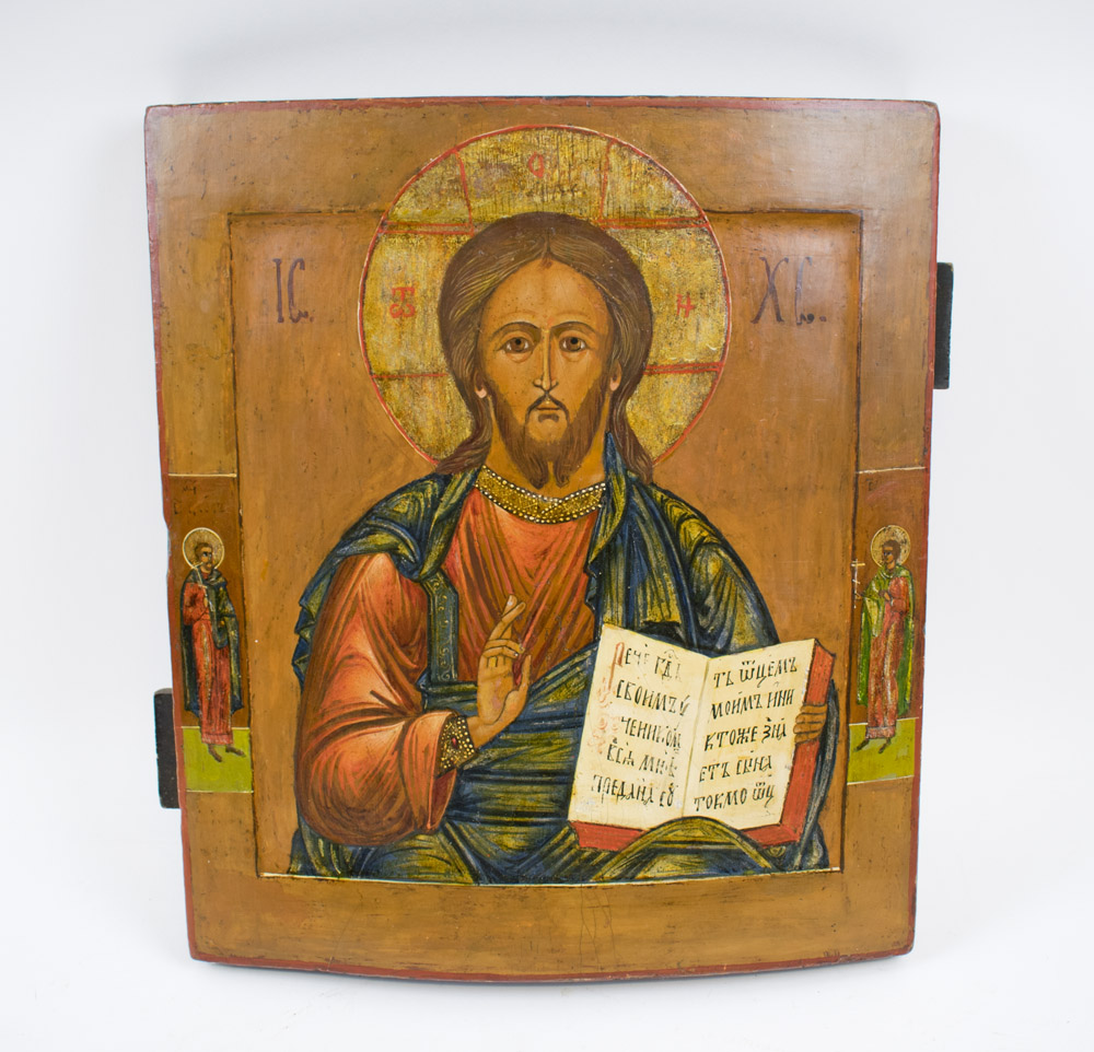 ICON, painted on wooden panel, depicting Christ Pantocrator, 35cm x 32cm.