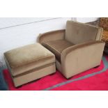 SOFA, small two seater, in beige on square supports, 129cm L with footstool, 80cm x 80cm x 43cm.