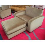 SOFA, small two seater, in beige on square supports, 129cm L with footstool, 80cm x 80cm x 43cm.