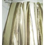 CURTAINS, three pairs, broad olive coloured stripes, lined and interlined,