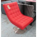 EASY CHAIR, red seat on chromed metal swivel support, 54cm W (with faults).