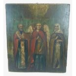 ICON, painted on wooden panel, variously depicting three angelic and saintly figures,