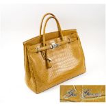 GIO GENCO TAN CROCODILE HANDBAG, silver tone fitments, padlock and keys, approx. 38cm W.