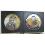 STAINED GLASS CLOWN AND HARLEQUIN WINDOWS, a pair, 1930's, English Art Deco,