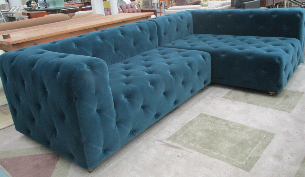 CORNER SOFA, bespoke in a buttoned Prussian blue Cassia fabric by Designer's Guild,