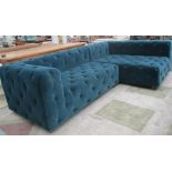 CORNER SOFA, bespoke in a buttoned Prussian blue Cassia fabric by Designer's Guild,