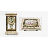 FOUR GLASS MANTEL CLOCK, circa 1900, with painted ceramic pediment and base,