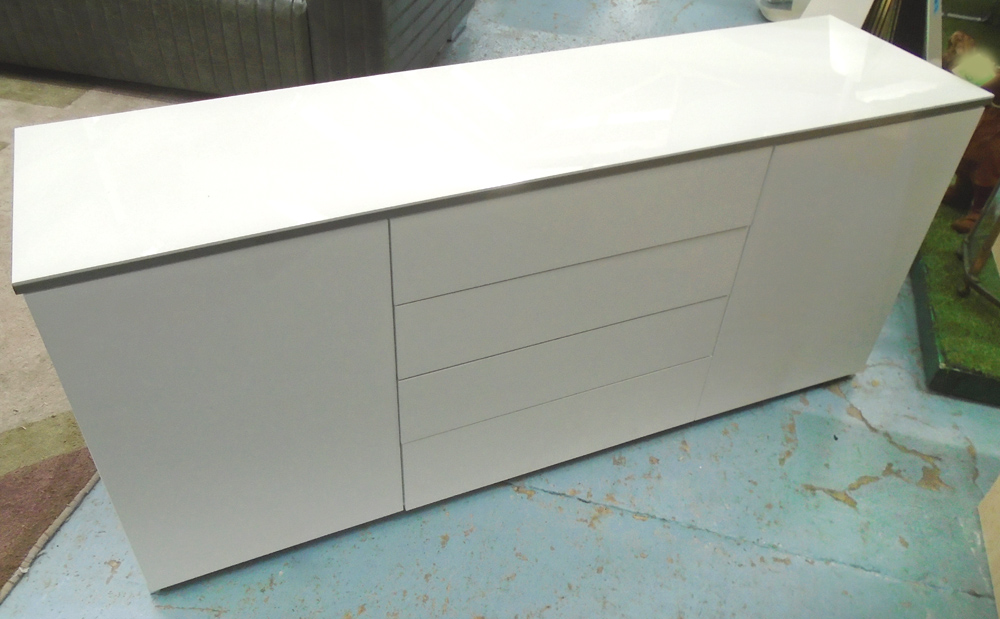 SIDE CABINET, white lacquered, with four drawers and two doors, 146cm W x 39cm D x 64cm H.