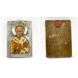 RUSSIAN ICON, study of St Nicholas with decorative, hallmarked silver oklad, 20cm H x 14cm W.