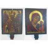 DOUBLE SIDED ICON, painted on wooden panel, depicting Mother of God with baby Christ to one side,