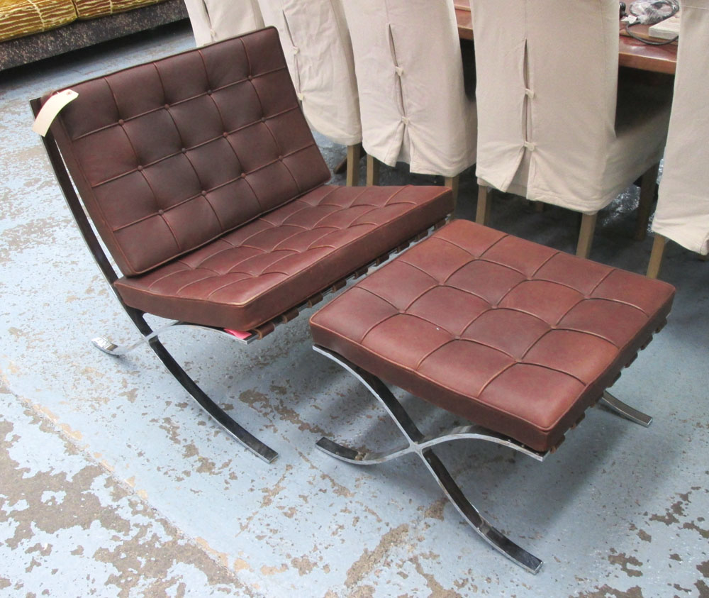 KNOLL BARCELONA CHAIR, in tanned buttoned leather, on steel supports, 75cm W,