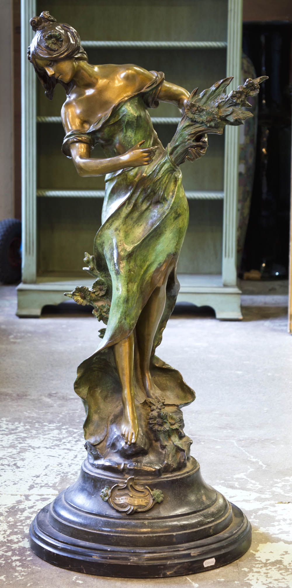 BRONZE, belle époque study of a female figure with flowers, labelled 'Reine des Pres Par. Aug.