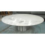 LOW TABLE, circular veined white chamfered marble top, on stepped steel supports,