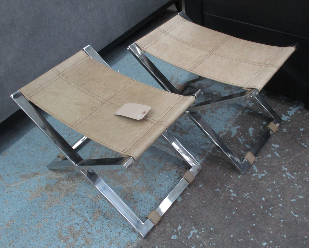 STOOLS, a pair, having leather snakeskin patterned strapwork seats on X-frame chromed frame,