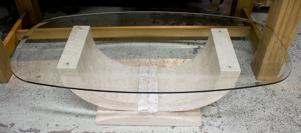 LOW TABLE, Modernist travertine veneered 'U' shaped with bevelled rounded glass,