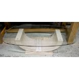 LOW TABLE, Modernist travertine veneered 'U' shaped with bevelled rounded glass,