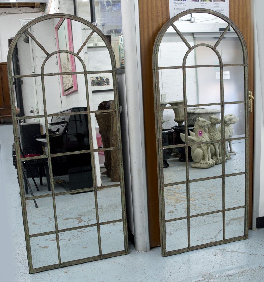 WALL MIRRORS, a pair, gothic arched window pane, distressed metal framed, 158cm H x 66cm W.