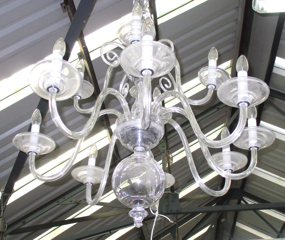 CHANDELIER, twelve branch in an opalescent glass with scrolling detail, 108cm H plus chain.