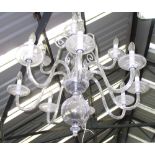 CHANDELIER, twelve branch in an opalescent glass with scrolling detail, 108cm H plus chain.