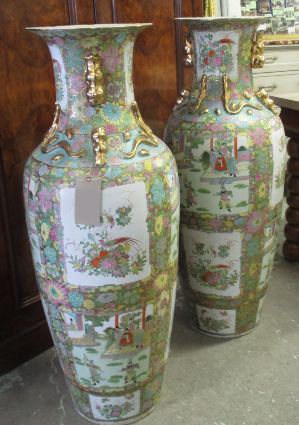LARGE CANTONESE STYLE VASES, a pair, Oriental ceramic decorated figurative panels in colours,