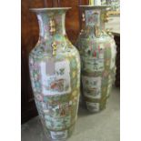 LARGE CANTONESE STYLE VASES, a pair, Oriental ceramic decorated figurative panels in colours,