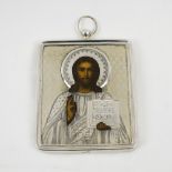 RUSSIAN TRAVELLING ICON, depicting Christ Pantocrater, hallmarked silver oklad, 9cm H x 7.5cm W.