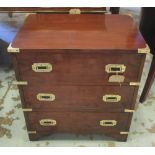 BEDSIDE CHESTS, a pair, Campaign style yewwood and brass bound, each with three long drawers,