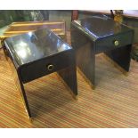 BEDSIDE TABLES, a pair, late French Art Deco style in black lacquered finished with brass detailing,