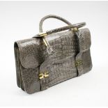 HANDBAG, grey crocodile with silver and gold tone fittings, approx. 35cm W x 19.5cm H.