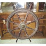 SHIPS WHEEL, teak with brass bindings, 140cm diam approx.