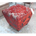 FOOTSTOOL, with raised velvet floral fabric on square supports, 51cm x 51cm x 45cm H.