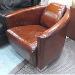 AVIATOR STYLE ARMCHAIRS, a pair, aged tan brown with tapering backs and steel supports.
