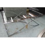 LOW TABLE, rectangular glazed on chrome 'x' shaped support, 70cm D x 120cm x 44cm H.