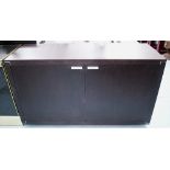 SIDE CABINET, black ash and metal inlaid with two doors enclosing shelves,